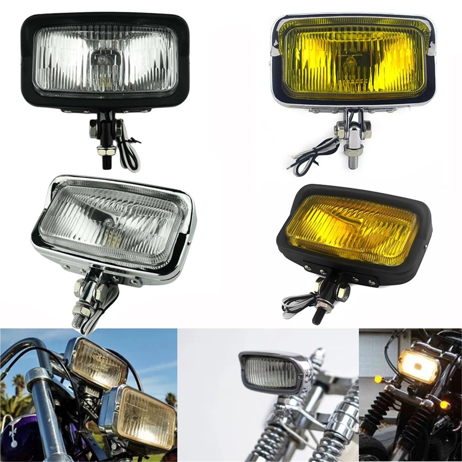 moto fari Faro anteriore quadrato H3 per moto con faro universale adatto per Harley Chopper Dyna per Suzuki per Kawasaki(Black Clear Lens)