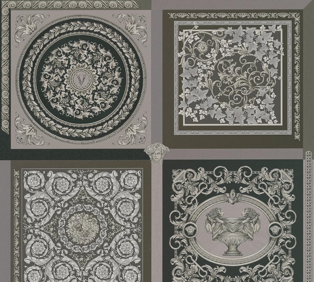 Versace tapeta barokowa luksusowa tapeta kwiatowy 387044 srebrna, czarna, szara, designerskie logo Medusa 10,05 x 0,70 m Made in Germany