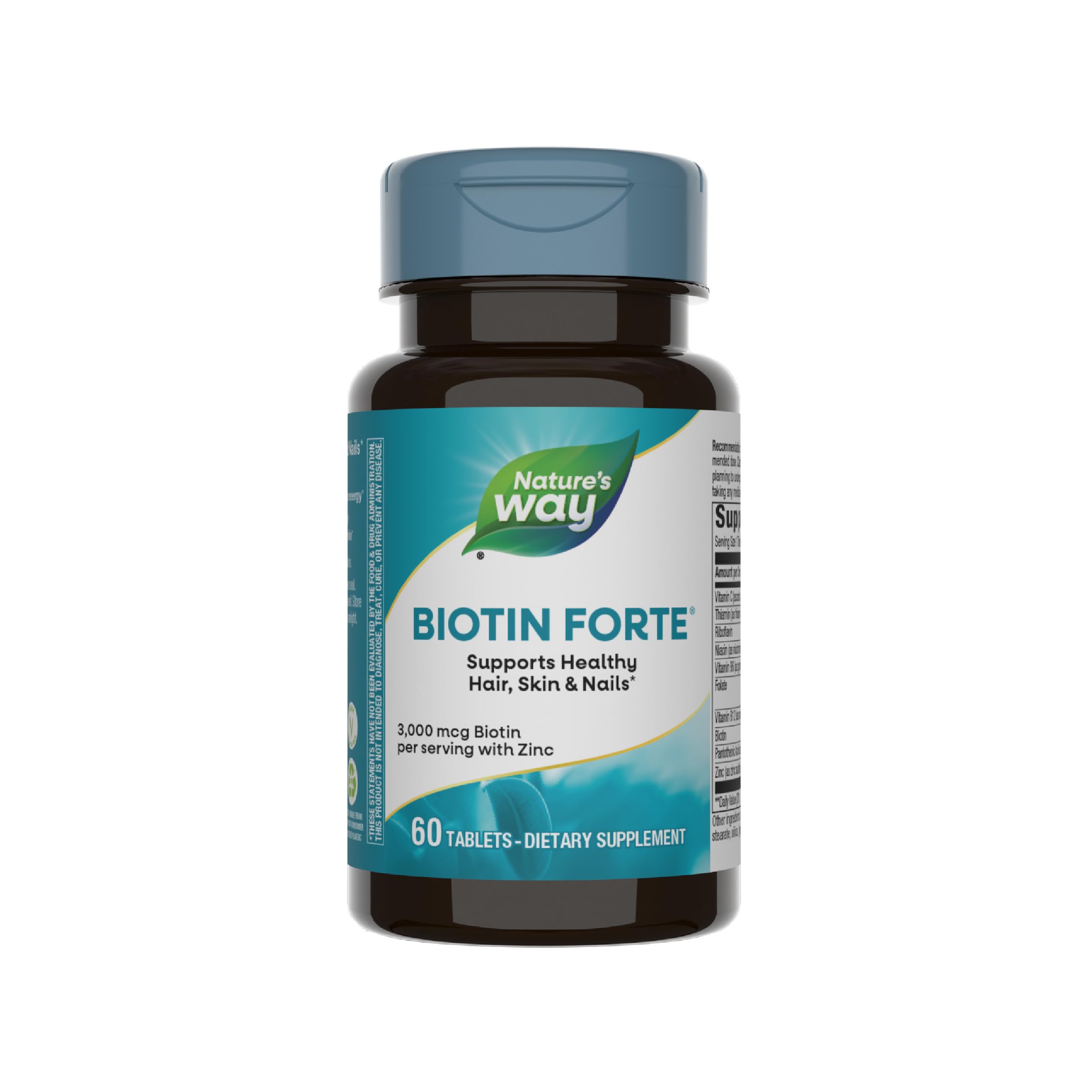 Nature's Way Biotin Forte, Supports Healthy Hair, Skin & Nails*, 3000 mcg Biotin per Serving, with Zinc, Vitamin C, B-Vitamins, 60 Tablets (Packaging May Vary)