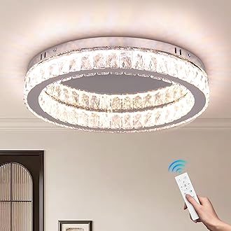 Finktonglan Dimmable Crystal LED Flush Mount Ceiling Light, 17.7" Modern Round Low Profile Chandelier, 48W, Remote, 3000–6500K Tunable White, K9 Crystal & Stainless Steel for Living Room Dining Room