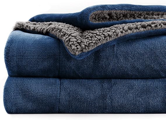 BSB HOME Polyester Micromink Summer AC/Mild Winter/Heavy Winter Sherpa Blanket Super Soft Flannel Solid/Plain, Blue & Grey, Size 150 x 228 Cms (Approx 4x7 ft) (Single)