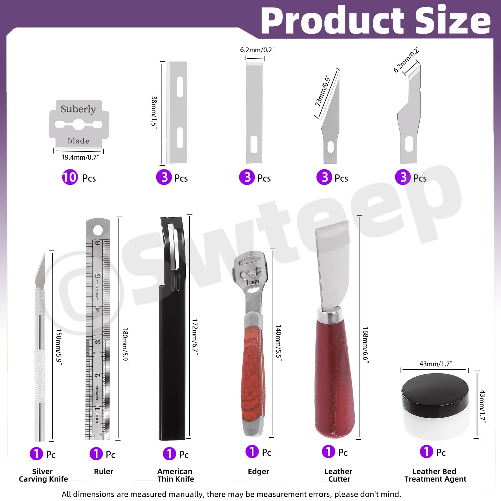 Swpeet 22Pcs Set de Skiver en cuir métallique, Y compris couteau de coupe en cuir, Règle, Couteau de sculpture