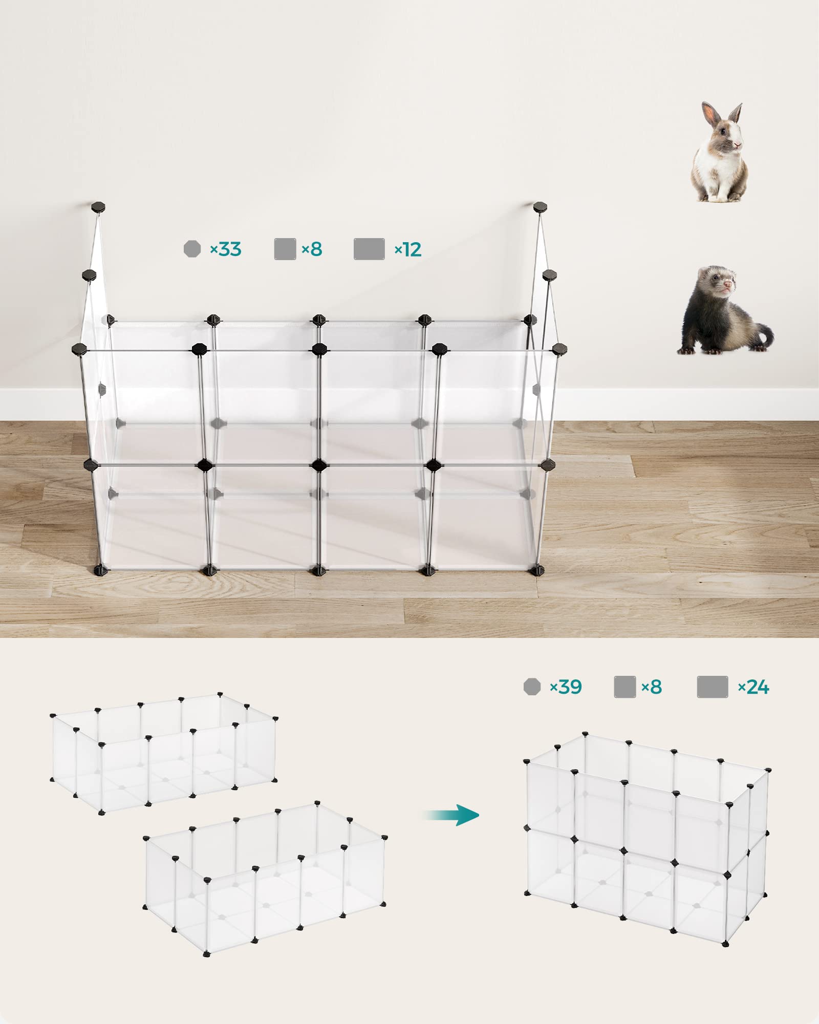 SONGMICS Freigehege mit Bodenplatten, 2er Set, Laufstall, Meerschweinchen Gehege, aus Kunststoff, Gehege für Hamster, Kaninchen, Igel, 125 x 63 x 42 cm, weiß LPC001W02