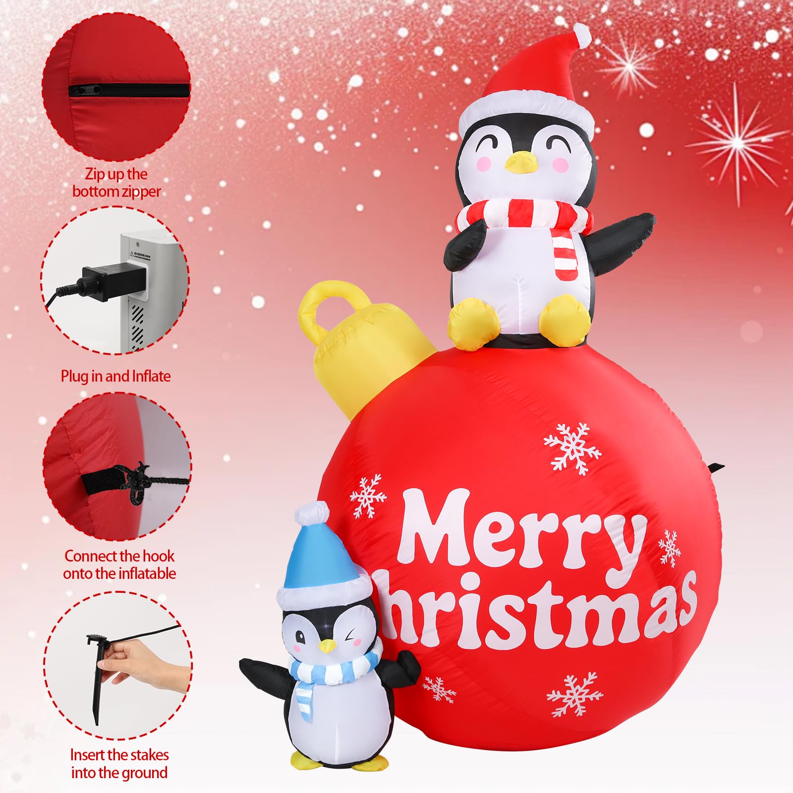 Vigdur Pingüino de Navidad inflable, decoración de bola de Navidad inflable de 6 pies con luces LED, decoración de pingüino de Navidad al aire libre para patio, jardín, césped, suministros de