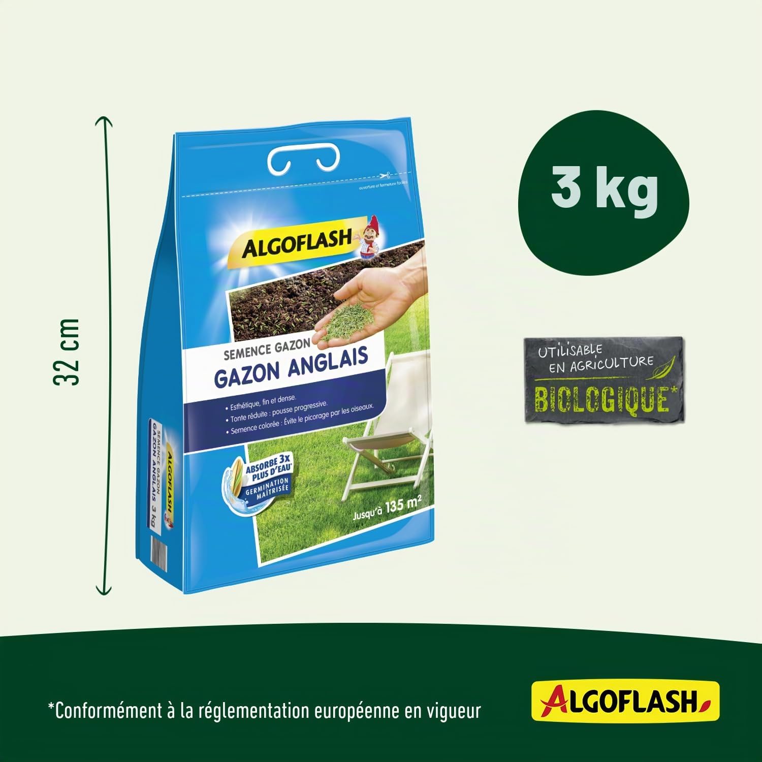 ALGOFLASH Semence Gazon Anglais, 3 Kg, Jusqu'à 135 m², SEMENG3