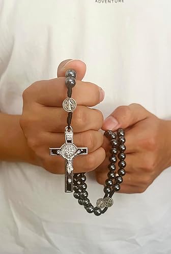 Miniatura 5 de Rosario católico de hematita para hombre de 0.315 in Rosario duradero para oraciones, meditación y protección espiritual, ideal para uso diario,