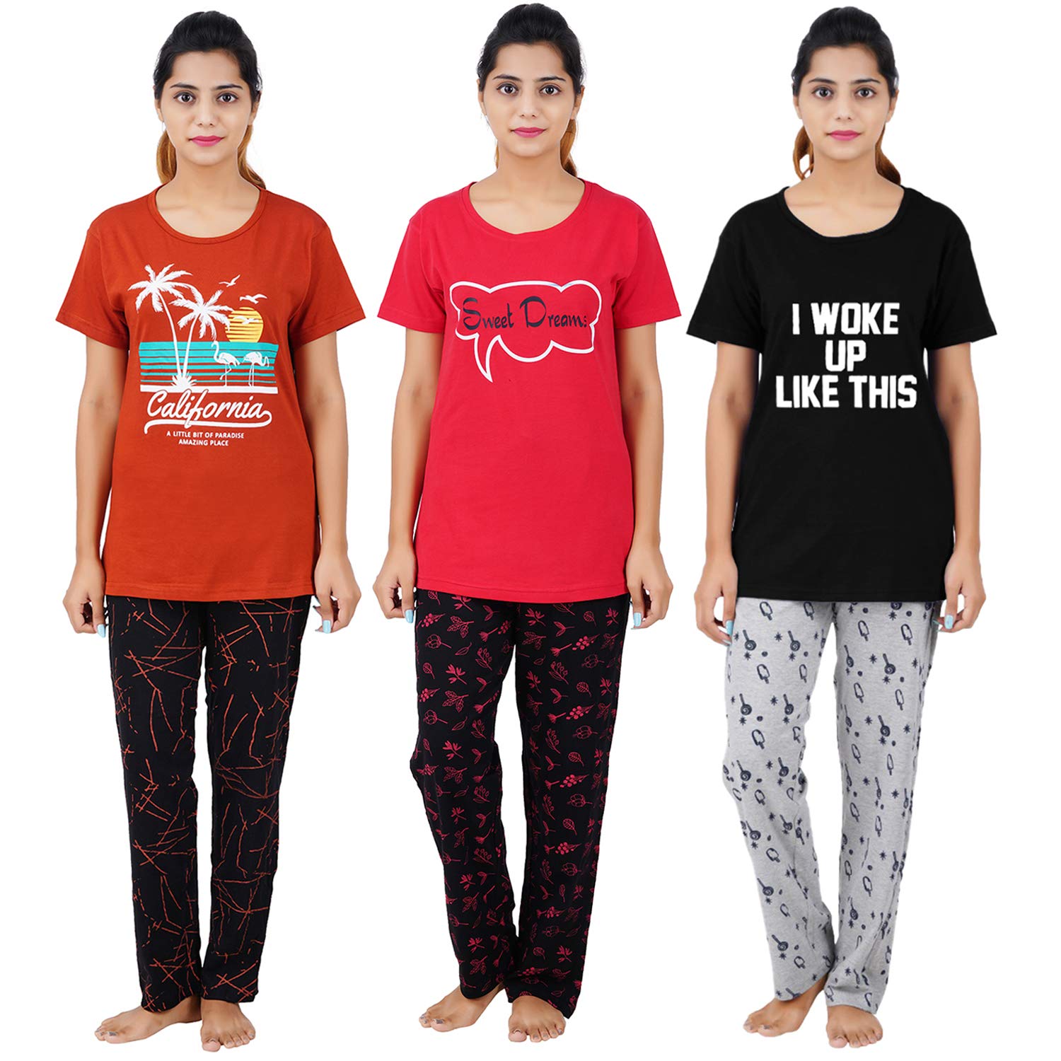 Buy That TrendzWomens Cotton Printed Top and All Over Print Pyjama Set/Pajama Night Suit Set/Sleep wear Set/Loungewear Set Combo Pack I Woke Black Live Rust Love Maroon