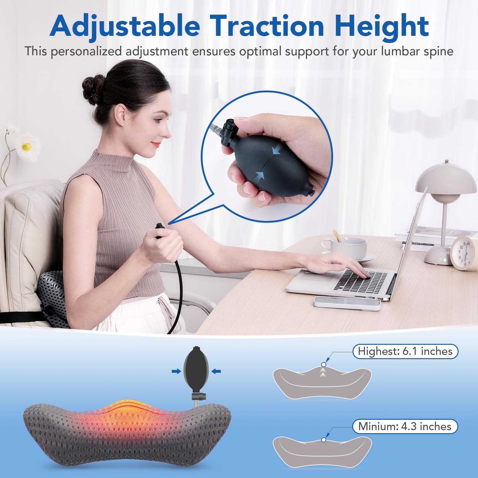 KNQZE Lumbar Support Pillow Adjustable Traction Height with Heating for Lower Back Pain Relief, Memory Foam Back Pillow, Ideal for Office Chair, Recliner, Car Seat, Bed