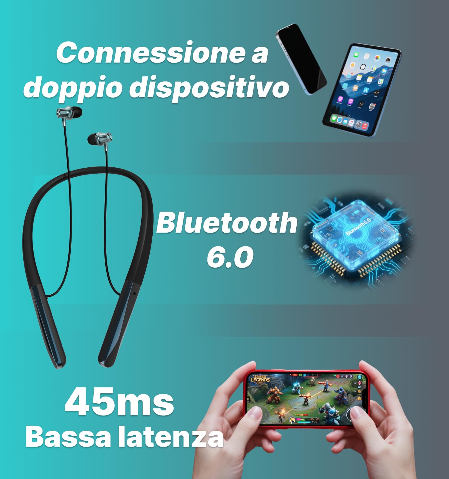 Hmusic H08 Cuffie con Archetto da Collo, Monitoraggio vocale in tempo reale | Impermeabile IPX5, 35 Ore di Autonomia, Auricolari magnetici Bluetooth 6.0, Microfono Al ENC, Display digitale a LED