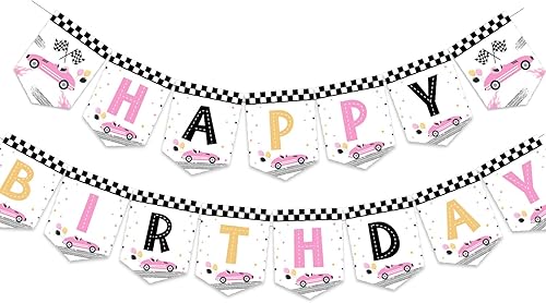 Sursurprise Decoraciones de cumpleaños de coche de carreras para niñas, pancarta de feliz cumpleaños de coche de carreras, color rosa, suministros