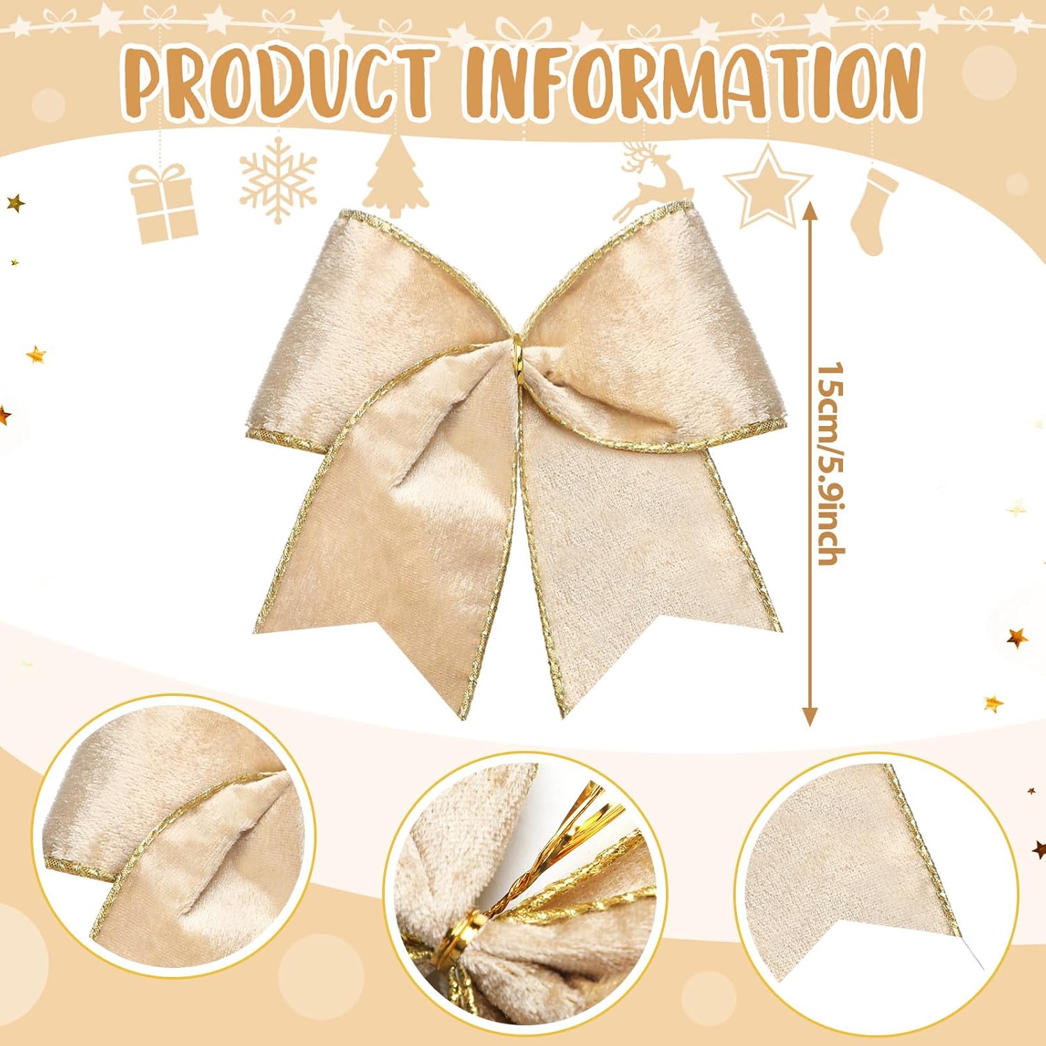 Panelee 12 Pcs Gold Velvet Christmas Bows 6 x 6 in Wreath Bow Christmas Tree Decorations Ornaments for Hanukkah Xmas Tree Topper Wreath Garland Party Gift Wrapping DIY Decor