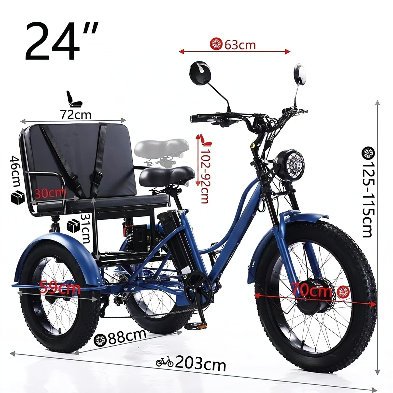 24 Pollici Triciclo Elettrico per Adulti, Dotata di Pneumatici Posteriori da Neve da 20 Pollici + Copertura Antipolvere in Tessuto 600D, capacità di Carico 150kg per Uso Familiare C