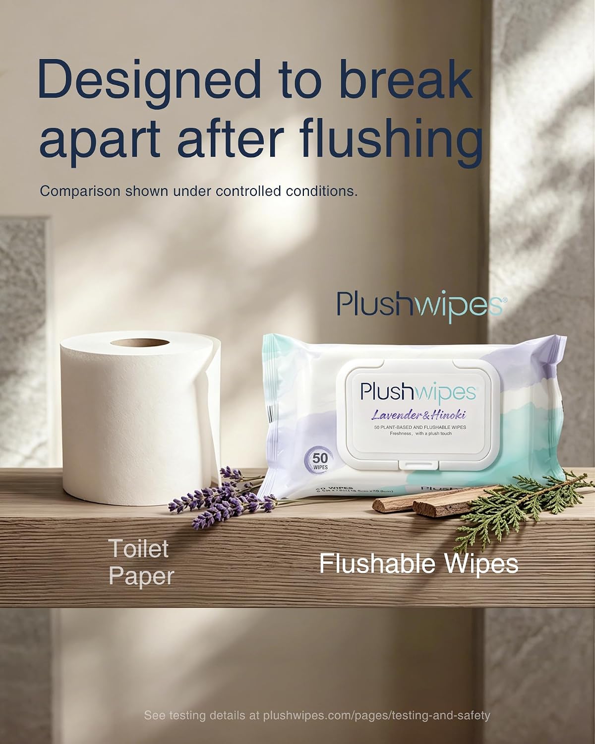 Flushable Wet Wipes for Adults, Aloe & Vitamin E, Minimal Lint, pH-Balanced, Septic & Sewer Safe, 300 Count (6 Packs), Plant-Based, Dermatologically Tested (Lavender & Hinoki)