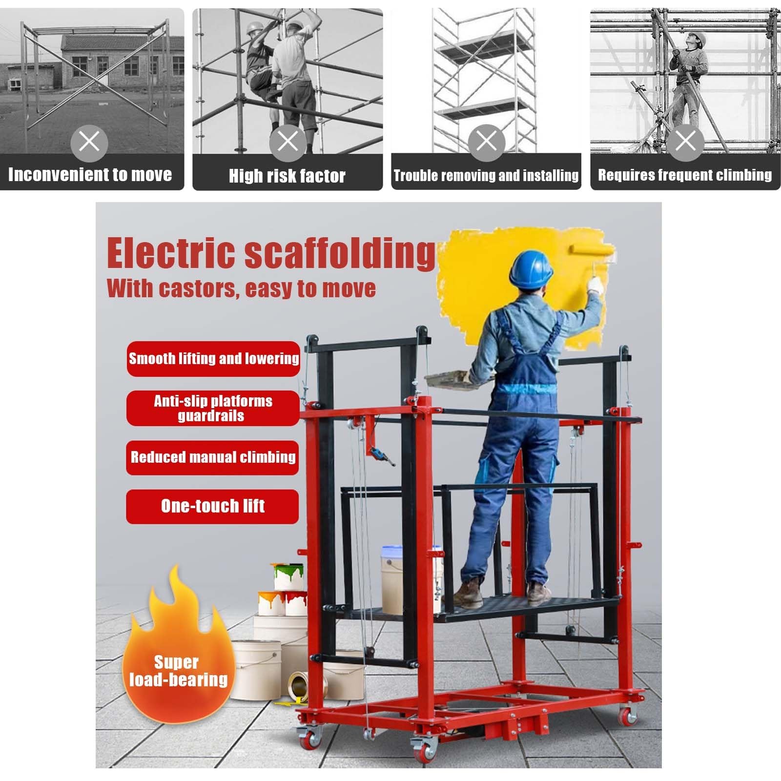 Piattaforma di lavoro aereo per ponteggi elettrici, sistema resistente con ruote per sostituzione sicura dell'illuminazione, verniciatura, riparazione del tetto, design robusto e durevole