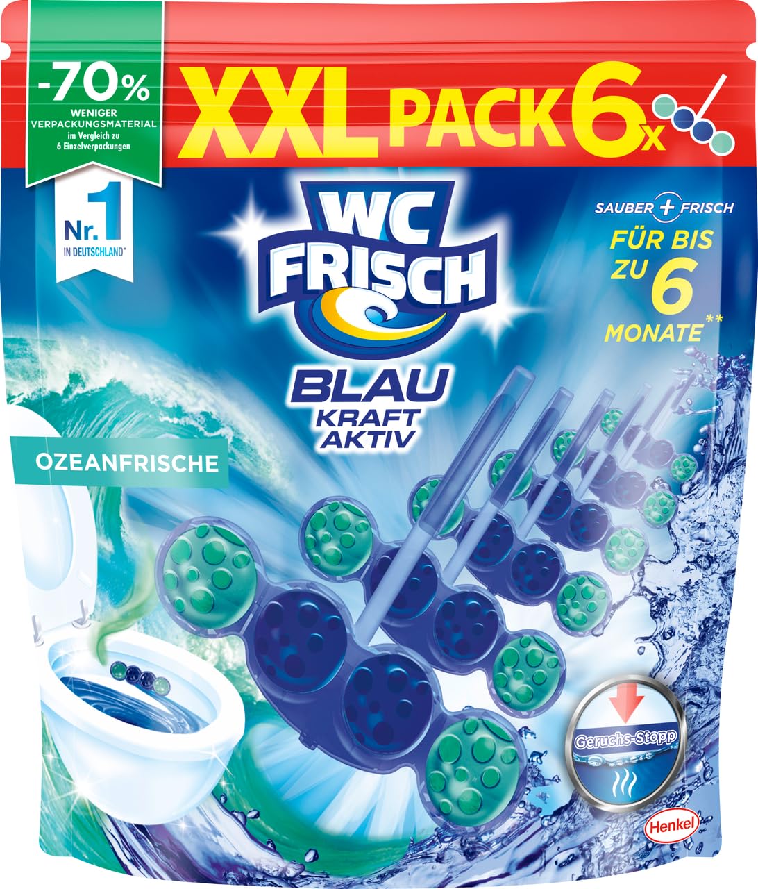 WC, Fresh Kraft Aktiv niebieski płyn do płukania, świeżość oceanu, 5 x (6 x 50 g), środek do czyszczenia WC z innowacyjną formułą zatrzymującą zapachy, kamienie zapachowe zapewniające dodatkową