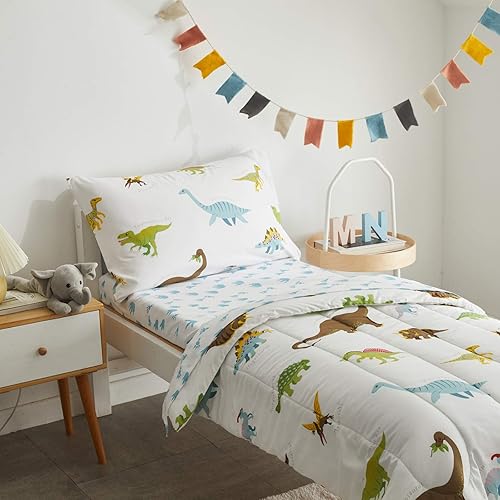 Miniatura 3 de Juego de ropa de cama de 4 piezas para niños pequeños, dinosaurio blanco con dinosaurios coloridos y monstruos, juego de sábanas para otoño e