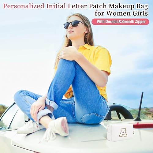 Miniatura 4 de Bolsa de maquillaje personalizada con parche de letra inicial, bolsa de cosméticos con cremallera, color1-blanco-A