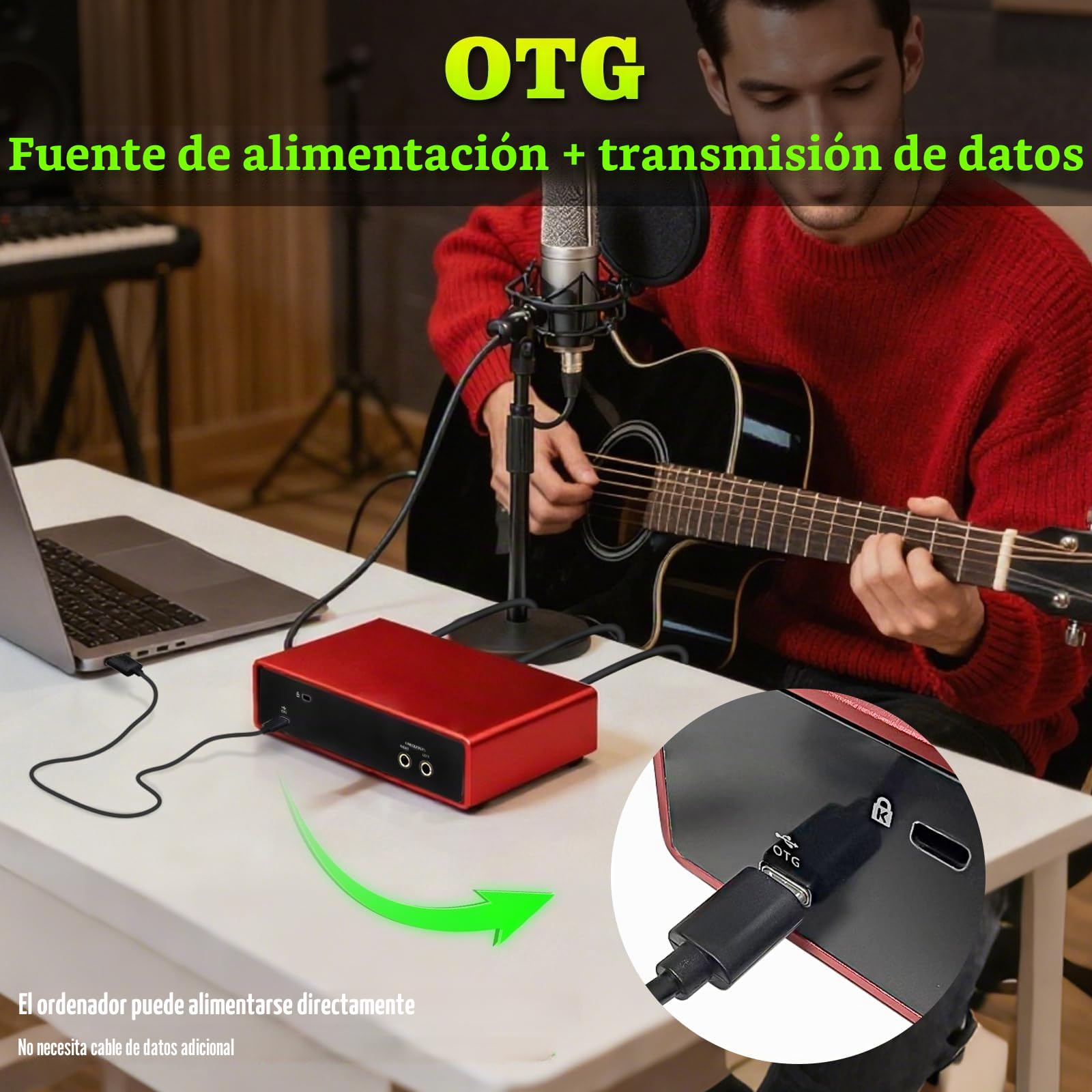 USB Interfaz de Audio para Ordenador Grabación de Música (Rojo), 2 Canales de Guitarra Interfaz de Audio, 32Bit/192kHz Podcasting Streaming con 48V Phantom Power