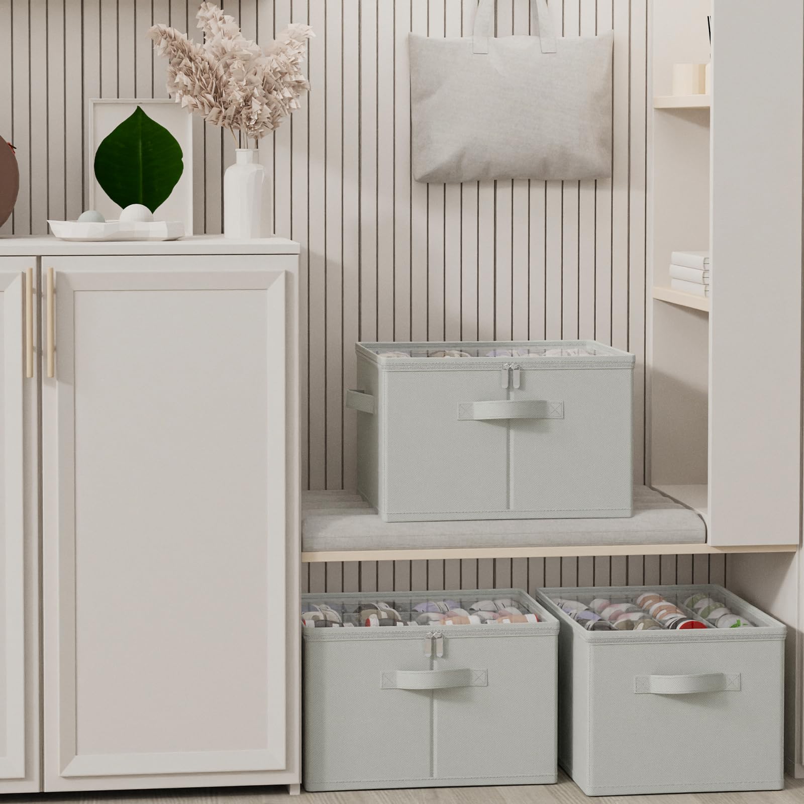 Scatole per Scarpe, Tessuto Scarpiera Salvaspazio con Copertura Trasparente, Shoes Organizer Pieghevole con 3 Maniglie, Adatto per 8-16 Paia, 53 x 42 x 33 cm, Grigio, XSNX01GL-1
