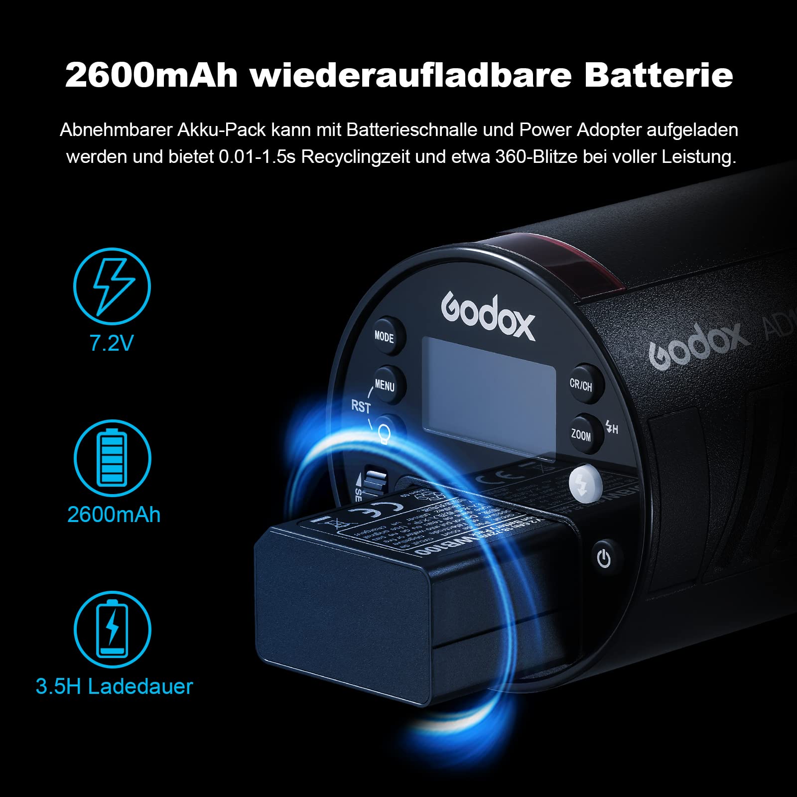 Godox Flash AD100Pro Kit Strobe Light Photography, 100Ws 2.4G Wireless HSS 1/8000s Outdoor Flash Light,2600mAh Batterie 0.01-1.5s Recycling,360 Full Power Flashesg TTL/M Funktionen mit AK-R1(Schwarz)