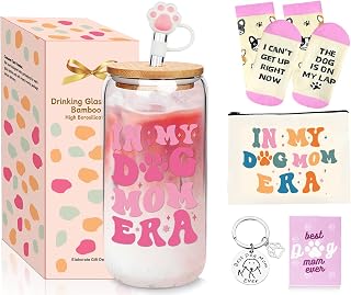 Dog Lovers Gifts for Women, Dog Mom Glass Cup 18OZ Iced Coffee Cups with Lids and Straw, Puppy Mom Gift Set for Women, Drinking Glasses In My Dog Mom Era Gift for Birthday Mother's Day Owner Pet Lover