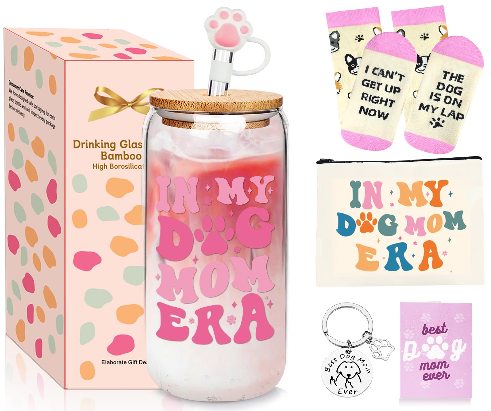Dog Lovers Gifts for Women, Dog Mom Glass Cup 18OZ Iced Coffee Cups with Lids and Straw, Puppy Mom Gift Set for Women, Drinking Glasses In My Dog Mom Era Gift for Birthday Mother's Day Owner Pet Lover