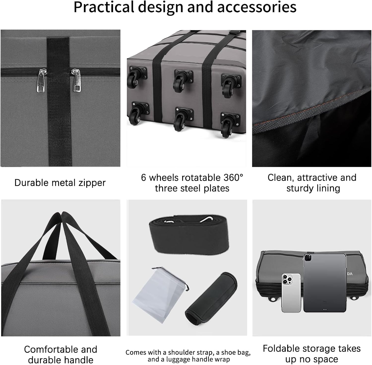 130L Expandable Luggage, 43 Inch Extra Large Suitcase with Wheels, Collapsible Luggage, Rolling Duffle Bag with Wheels, Big Suitcases with a Handle Wrap Shoe Bag Shoulder Strap (Gray) - Image 3