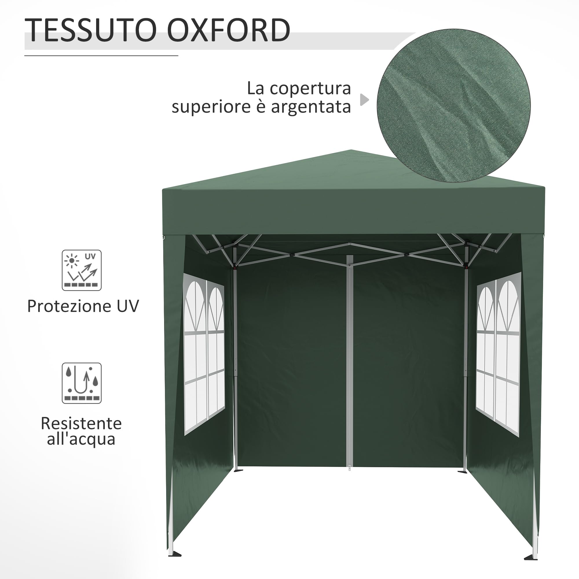 Outsunny Gazebo 2x2 m Pop-up Impermeabile con 4 Pareti Rimovibili, Gazebo Pieghevole in Metallo e Poliestere con Borsa da Trasporto, Verde