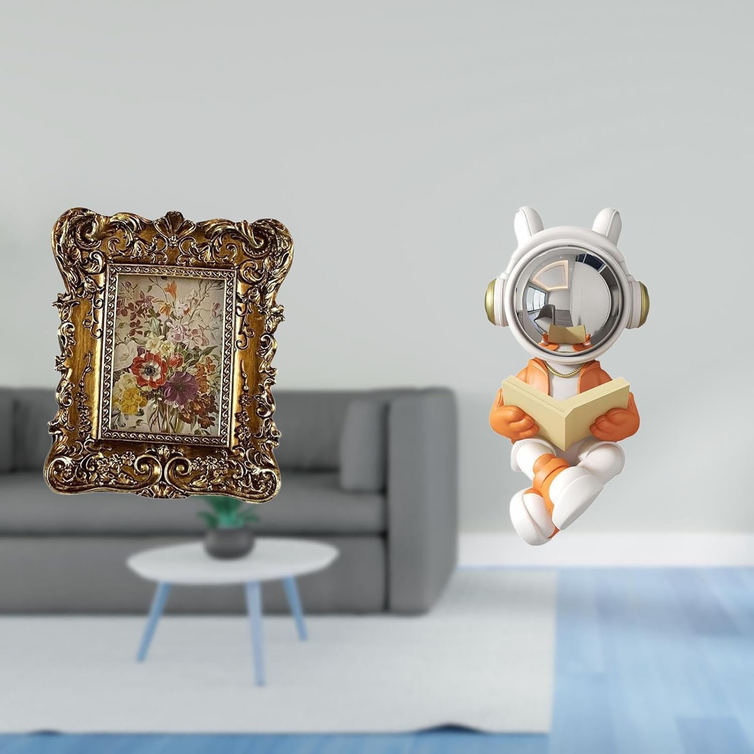 Hand Carved Floral Astronaut Photo Frame Decorative Statue Picture Holder Tabletop Wall Mounted Antique Sculpture for Office Dorm Home Decor Wedding G