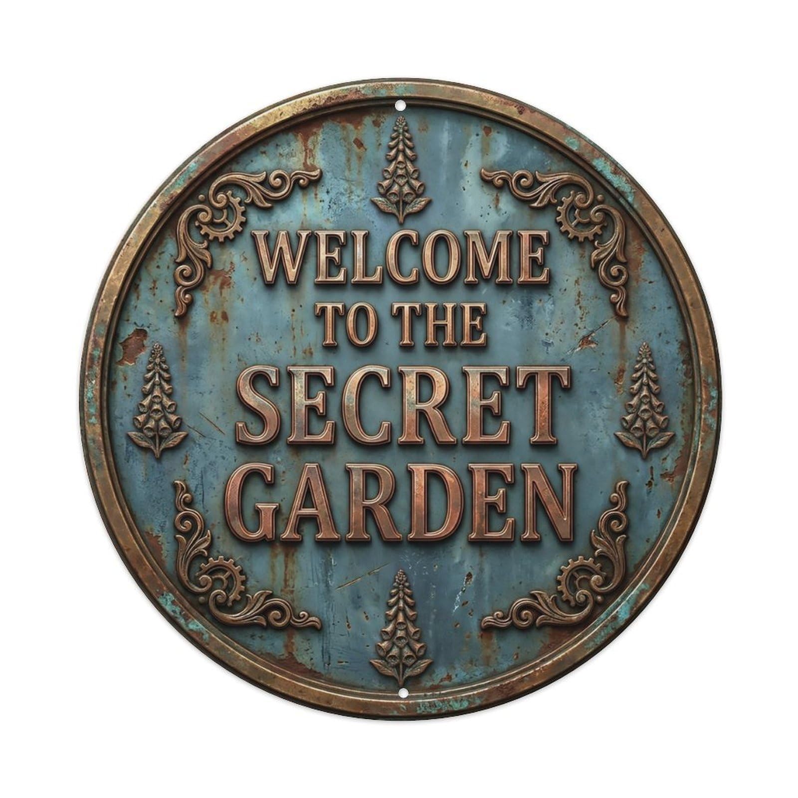 Vintage Welcome Secret Garden Copper Slate Foxglove Metal Tin Sign