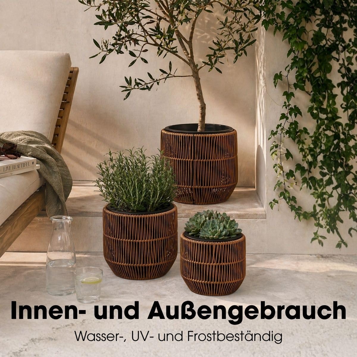 MICA Decorations Peta Blumentöpfe – Set von 3 – Pflanzentopf für Blumen und Außenpflanzen – Für den Außenbereich – Dunkelbraun