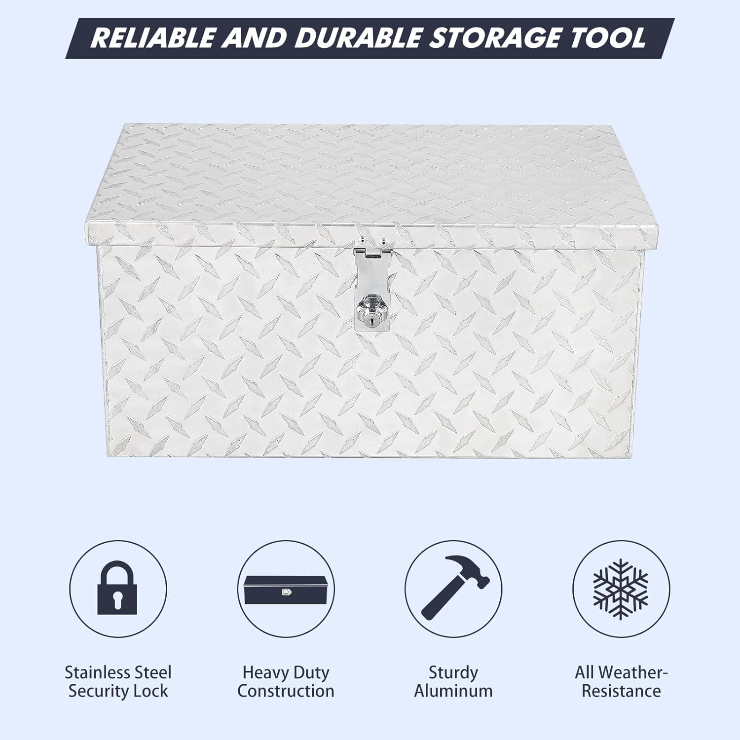 20 Inch Aluminum Diamond Plate Tool Box With Lock and Keys, Heavy Duty Waterproof Truck Storage Organizer Chest for Pick Up Truck Bed, Rv Trailer/Van With Side Handle