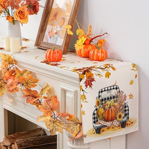 Miniatura 3 de Siilues Camino de mesa de otoño, decoración de camión de calabaza para el hogar, decoración de temporada a cuadros de búfalo de Acción de Gracias