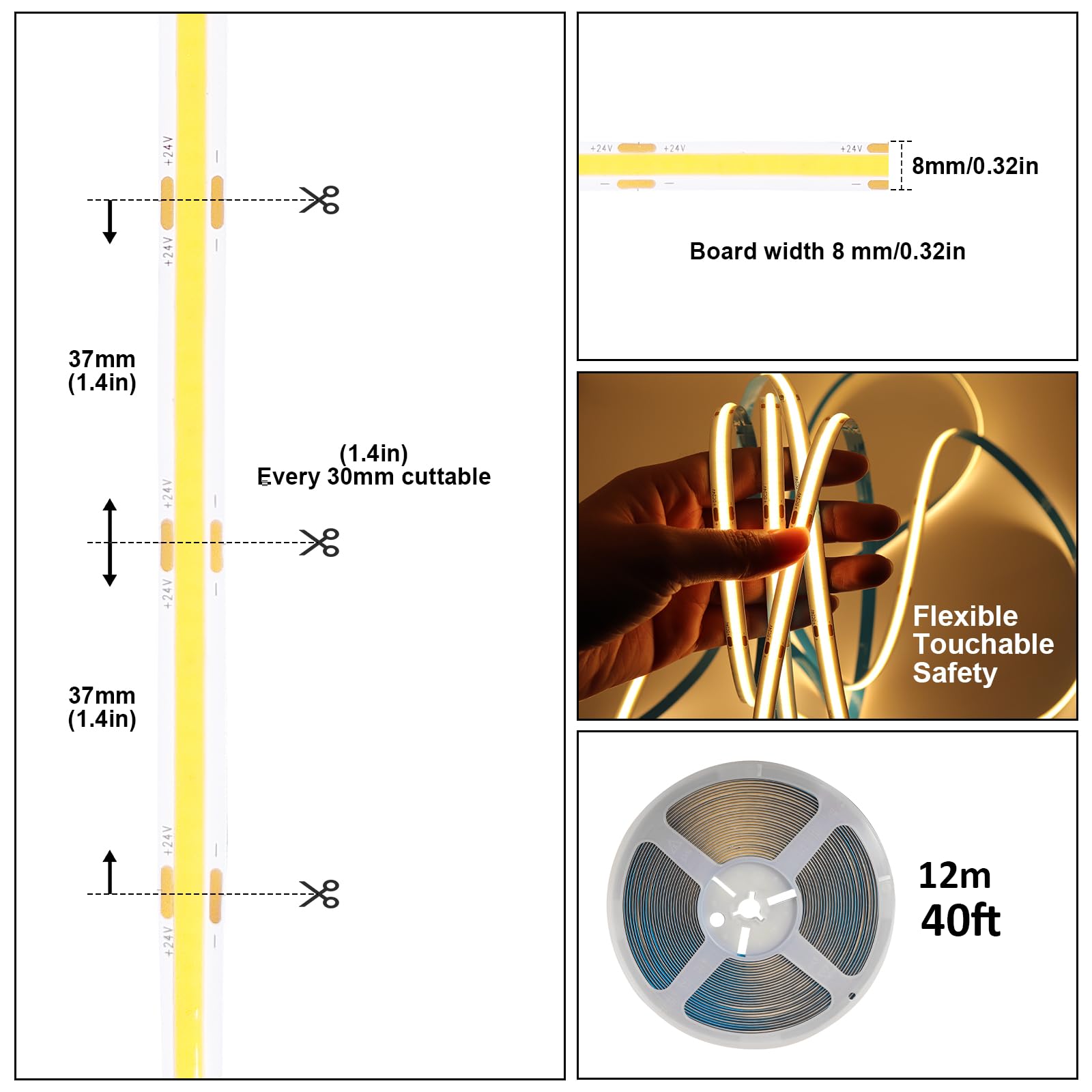 COB LED Streifen 12M Warmweiß 3000K Dimmbar 24V CRI92+ LED Strip 8mm mit Fernbedienung & Netzteil