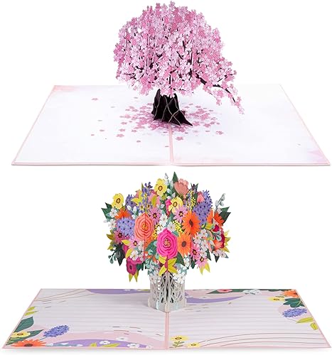 Paper Love Paquete de 2 tarjetas desplegables, incluye 1 flor de cerezo y 1 arreglo floral, para todas las ocasiones, día de la madre, cumpleaños,