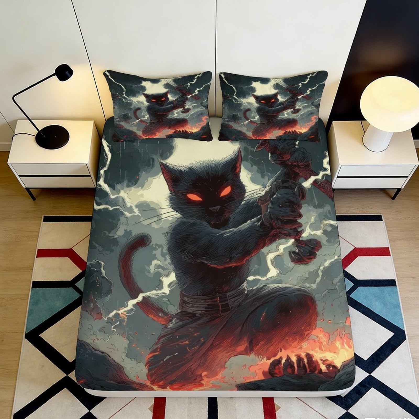 Pnayamiorkfel Style-7 3D Printed Warrior Cat Fitted Sheet Microfiber Soft Breathable Dark Fantasy Bed Sheet For Bedroom Dorm Decor 90X200x25cm