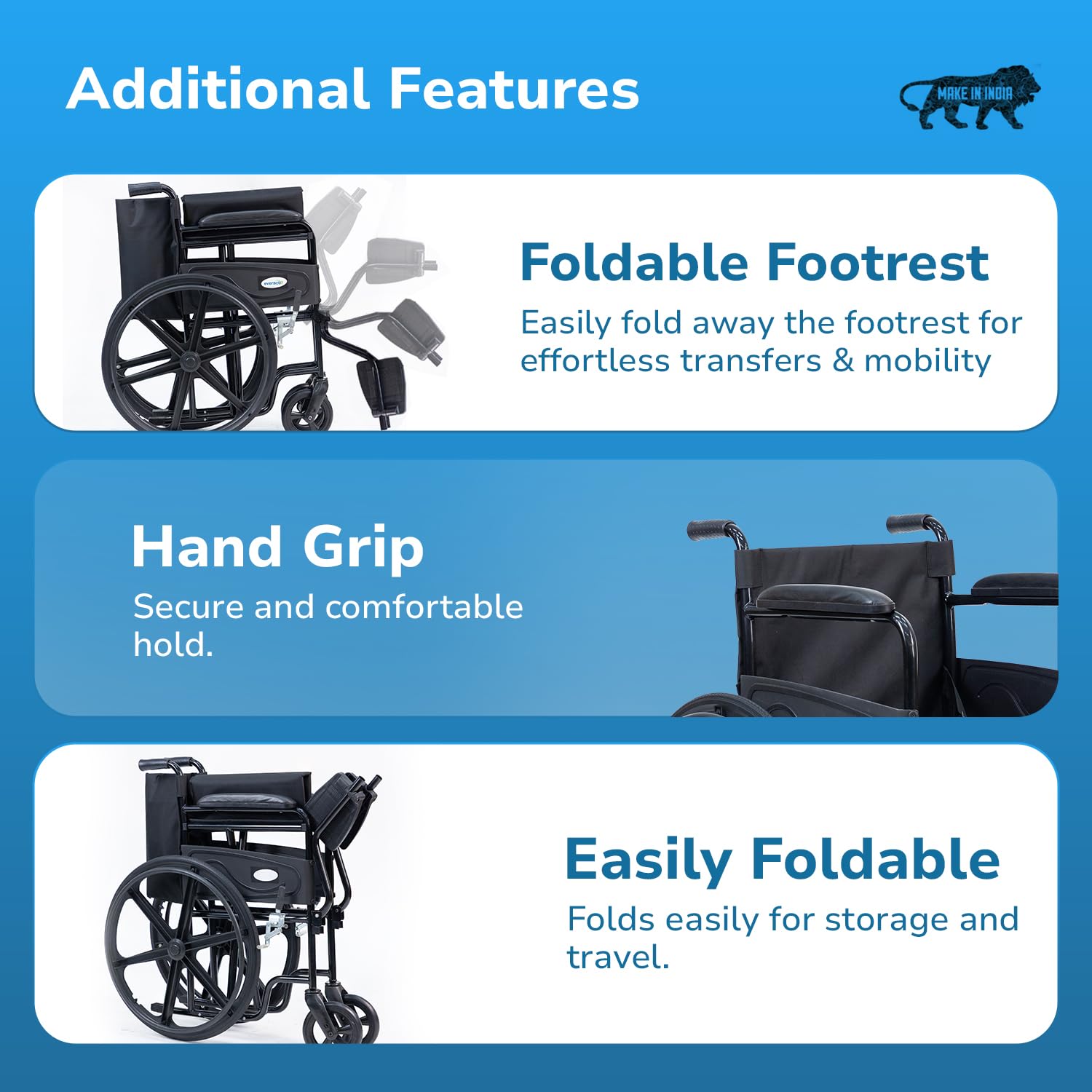 Everactiv Economy Foldable Wheelchair with Heavy-Duty Frame, Strong Crossbar Support, Safety Seat Belt, Wide Padded Seat, Easy Folding Design, 120 kg Capacity | Wheelchair for Old Age Person | Black Colour - Image 2 thumbnail