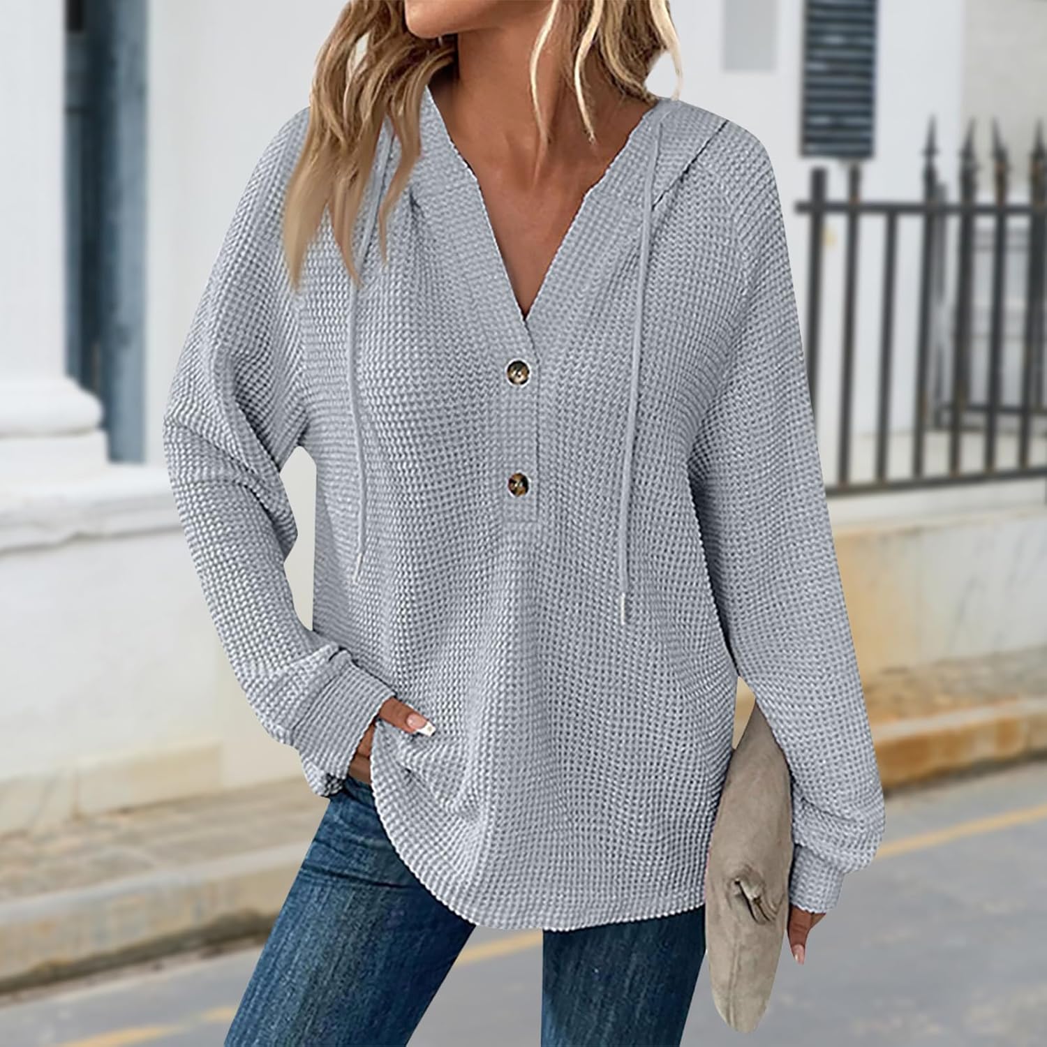 Women's Hoodies Oversized Waffle Knit Sweatshirt Button Long Sleeve Casual V Neck Hoodie Fall Fashion Tops - Image 2