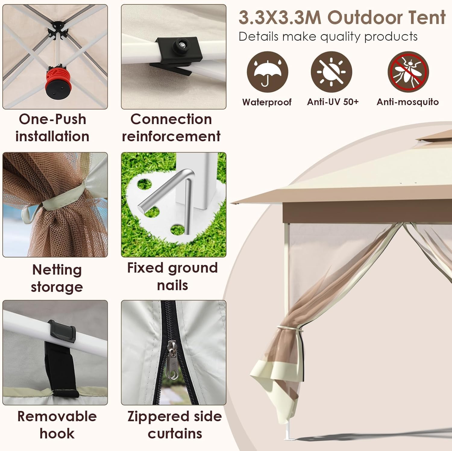 Gazebo pieghevole 3,3x3,3 m, con 4 pannelli laterali in zanzariera, One Push tenda con doppio tetto, Gazebo impermeabile da giardino 4 sacchi di sabbia, per mercato/campeggio/spiaggia, Marrone Cachi