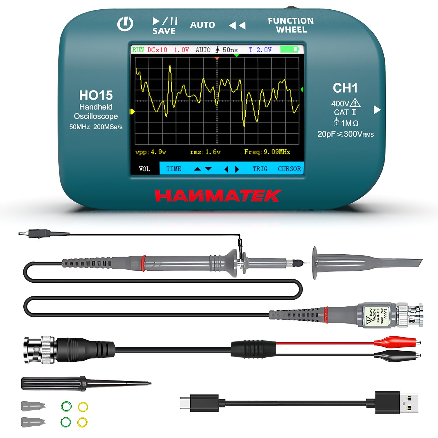 HANMATEK Oscilloscopio Digitale, Mini Oscilloscopio Portatile 50MHz 200MSa/s, 2 in 1 con Sorgente di Segnale, 2,8" TFT, Ricaricabile USB-C, HO15