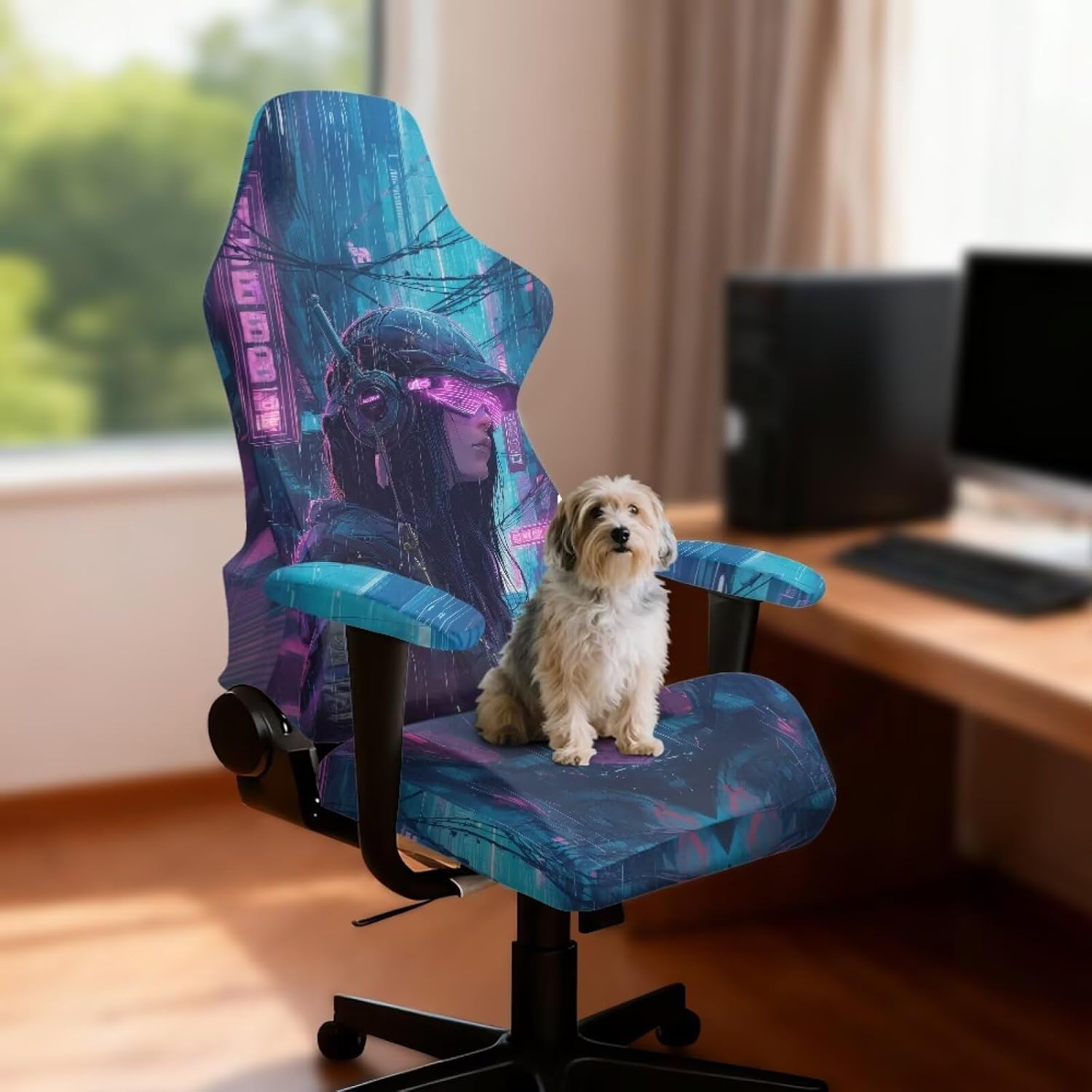 Girl Cyberpunk Gaming Chair Covers 4 Pieces Stretch Ergonomic Office Chair Covers Reusable Slipcovers for Computer Vanity Chairs Gamer Room Decor image 2