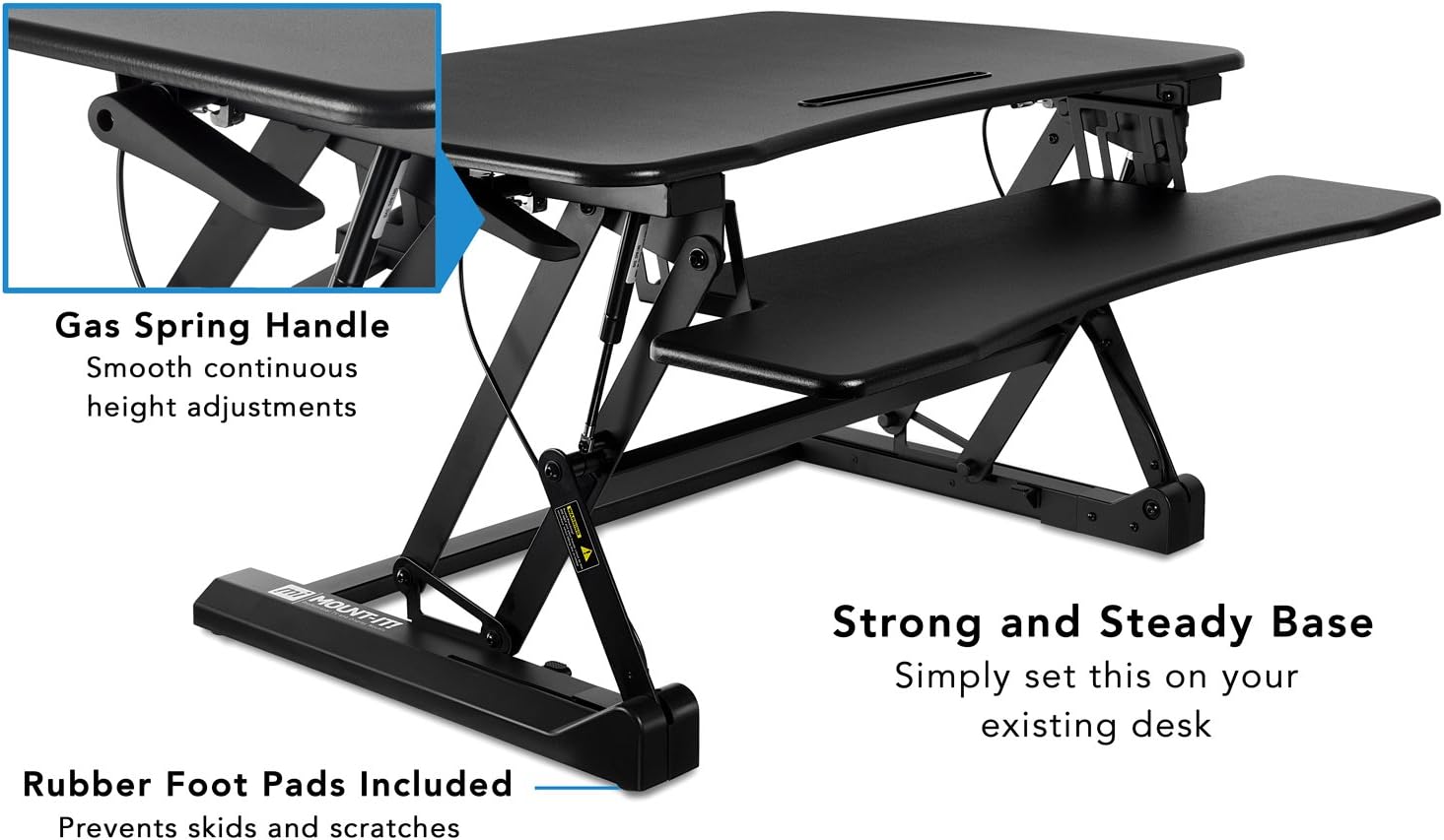 Mount-It! 35.5" Standing Desk Converter with Keyboard Tray – Adjustable Sit Stand Desk Riser for Dual Monitors – Dual Gas Spring Height Adjustable Desktop Workstation Topper – Black