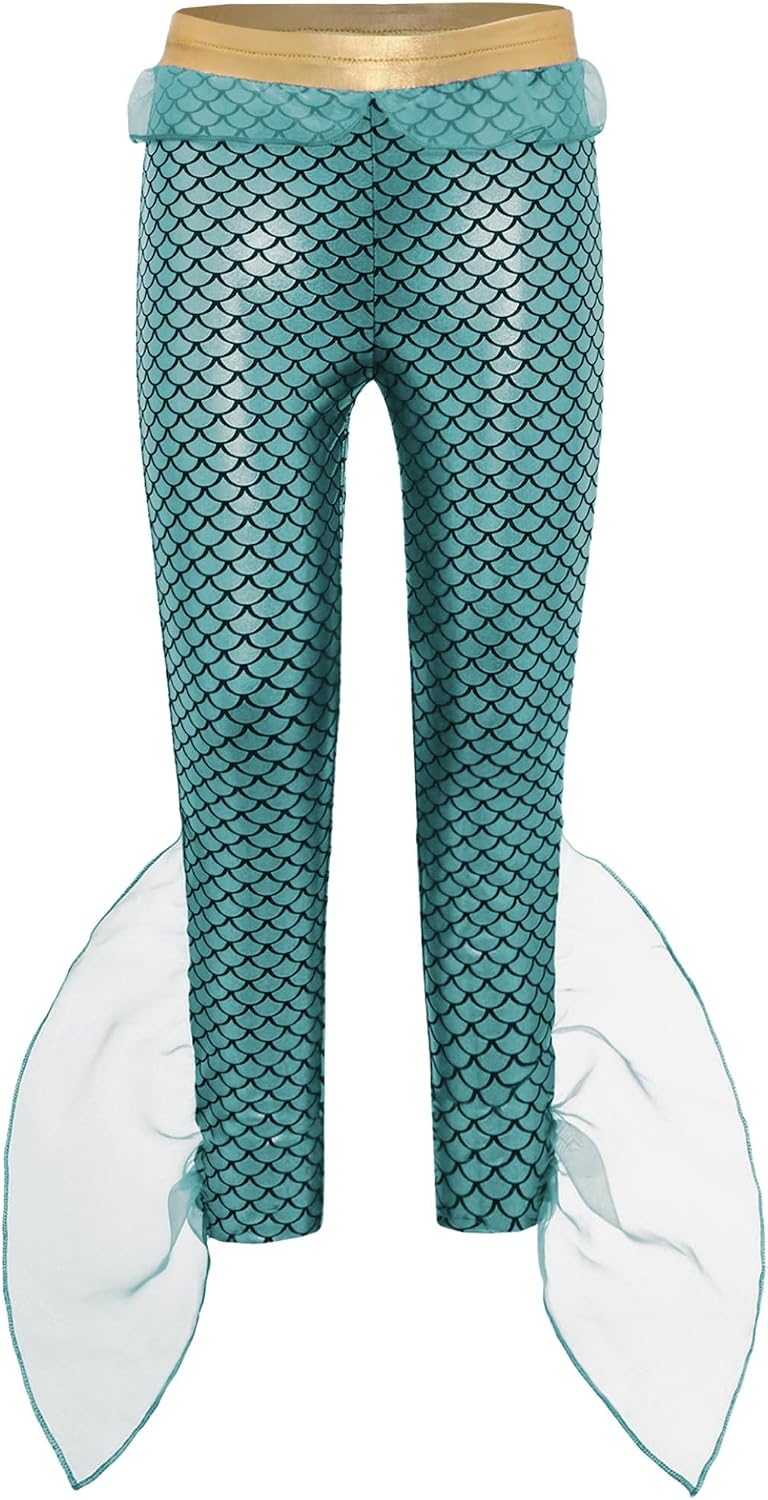 Kids Girls Mesh Fish Tail Long Pants Halloween Gold Trim Mermaid Trousers for Dance Performance