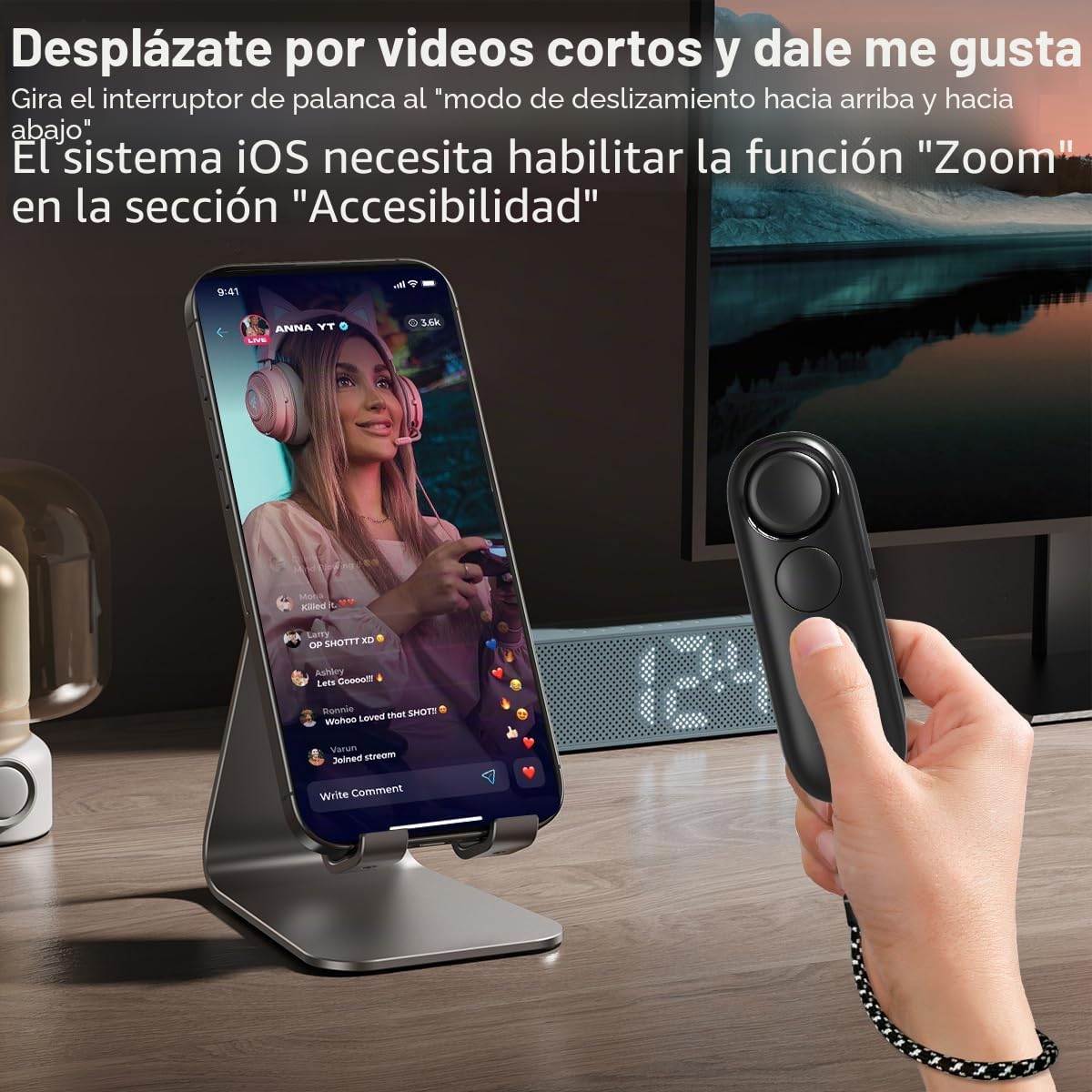 Mando a Distancia Bluetooth con Soporte para Aplicación de Lectura, Videos de TikTok/Youtube y Disparo Remoto, Pasapáginas Universal, Compatible con iPhone, iPad, Teléfonos y Tabletas Android, Ligero