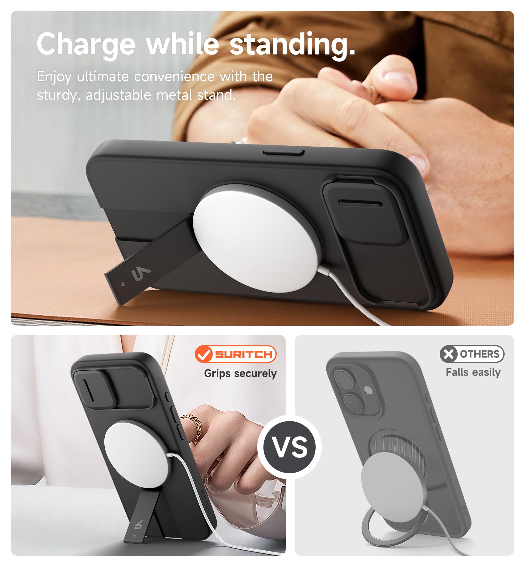 SURITCH Funda Magnética Compatible con iPhone 16e/17e, Carcasa de amortiguación a Prueba Protectora con Tapa de cámara Deslizante y Soporte Ajustable(Negro)
