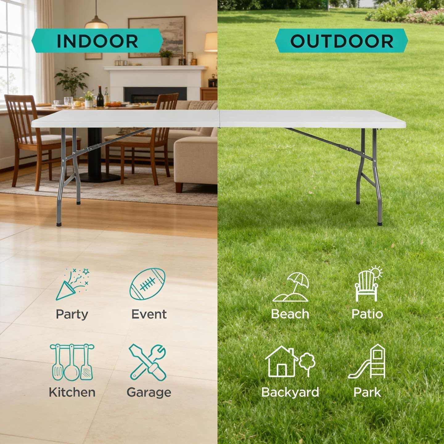 8ft Folding Table, Portable Foldable Plastic Table with Heavy-Duty Top & Reinforced Legs, 360lbs Capacity for Wedding, Party, Camping, Craft Fair, Picnic, Indoor Outdoor Use, White