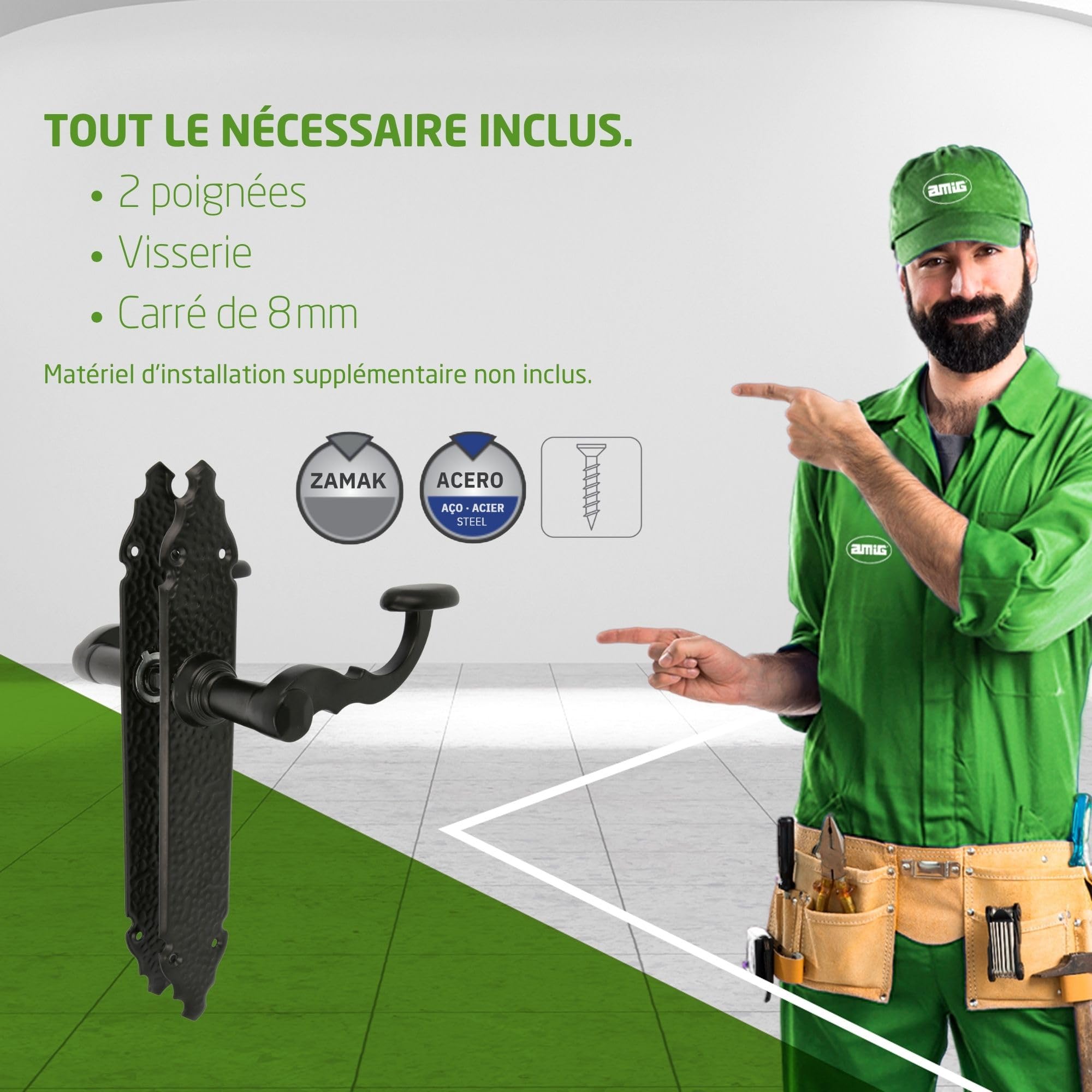 Amig - Ensemble de Poignées de Porte Rustiques 100P | Acier Martelé, Finition Époxy Noir | Durabilité et Esthétique Traditionnelle, Noir, Acier Inoxydable 18/8