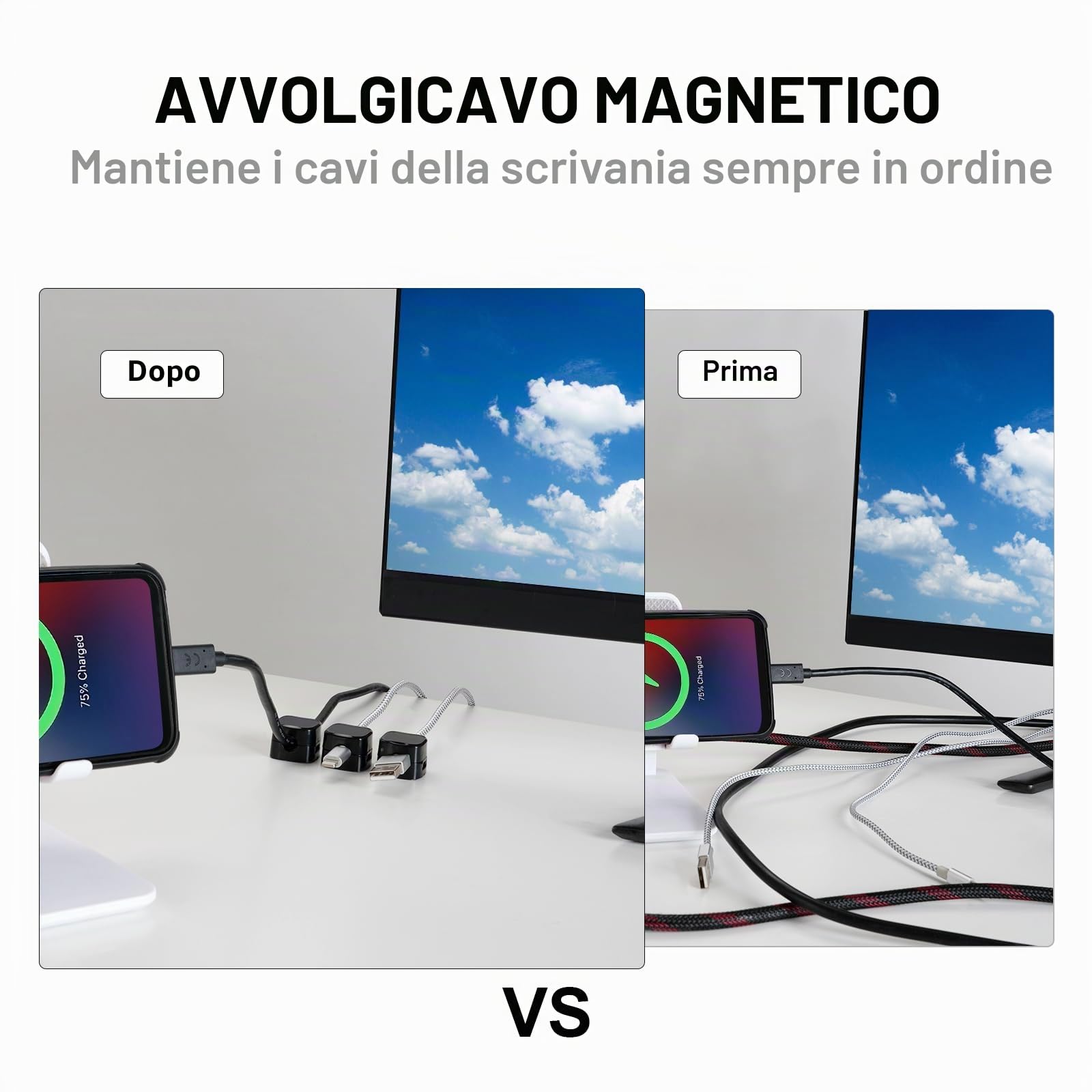 8 PEZZI Porta cavi magnetici, clip fermacavi adesivi per la gestione efficiente dei cavi, organizzatore cavi per scrivania, supporto per cavo di ricarica, USB, rete (BIANCO)