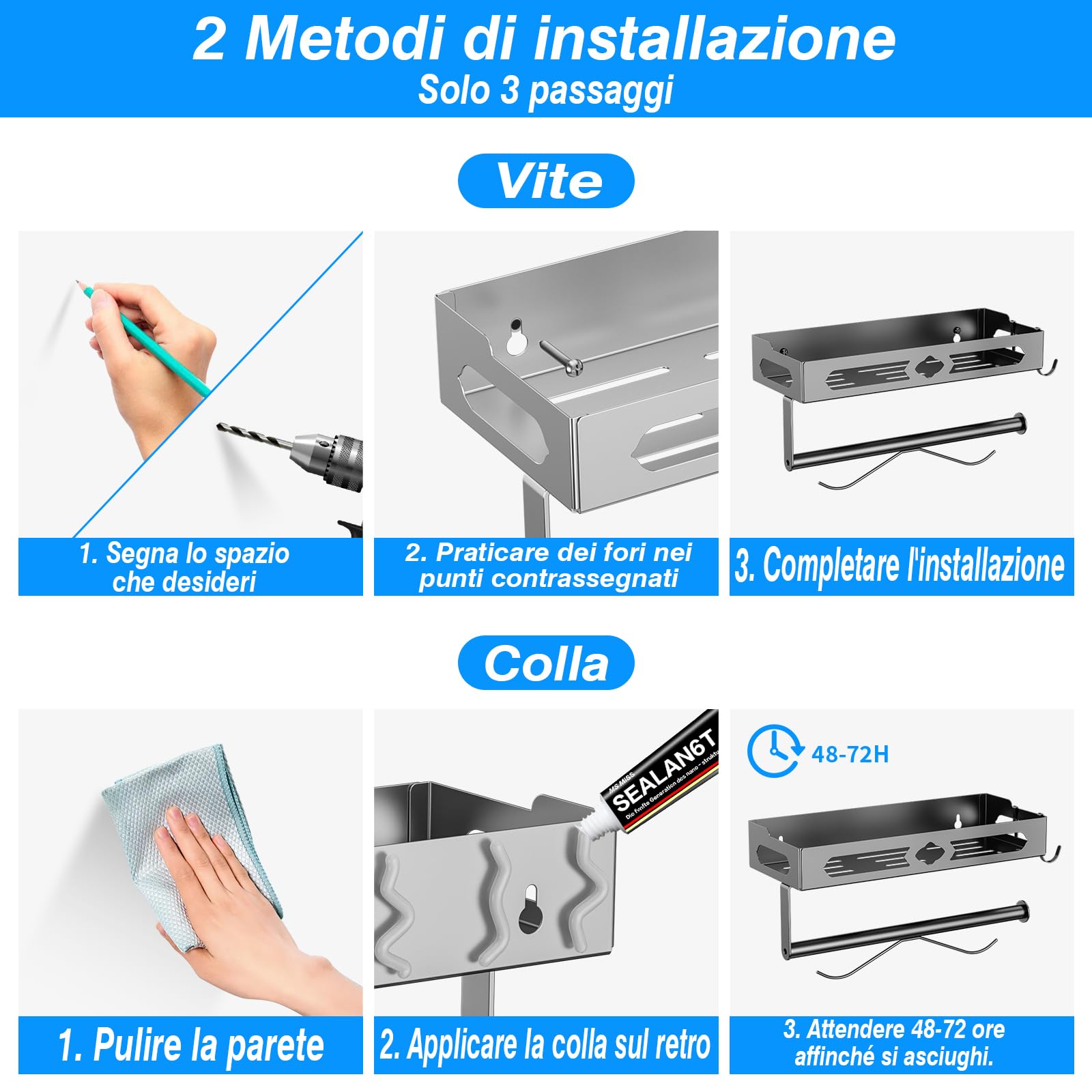 BOIVSHI portaspezie con portarotolo e ganci, Portaspezie Da Appendere con portaro tolo, mensola da cucina da parete, argento
