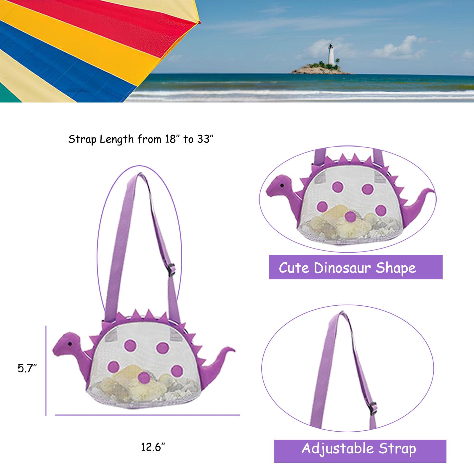 AUON Bolsa de playa de malla para niños, bolsa de conchas de dinosaurio, playa, arena, juguetes para sostener conchas, juguetes de playa, juguetes de arena, accesorios de natación para niños y niñas